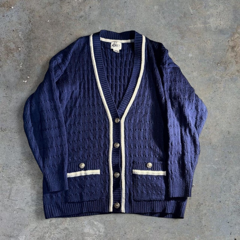 Koret Navy Cable Knit Grandpa Cardigan Sweater Vintage Preppy Cottagecore Size M